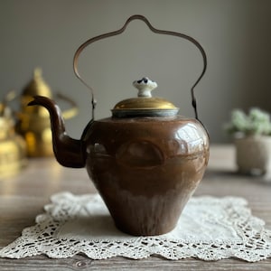 Dutch vintage copper brass kettle, small kettle, antique european kitchenware, country farmhouse home decor, primitive rustic retro old