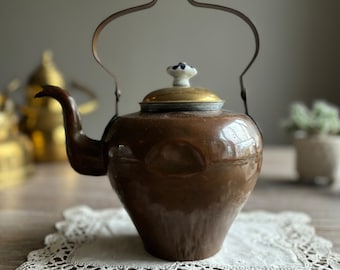 Dutch vintage copper brass kettle, small kettle, antique european kitchenware, country farmhouse home decor, primitive rustic retro old