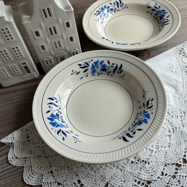 7 vintage transferware soup eating bread plates,  VEB Steingut Colditz, White Blue floral decor, Mid-century shabby boho chic