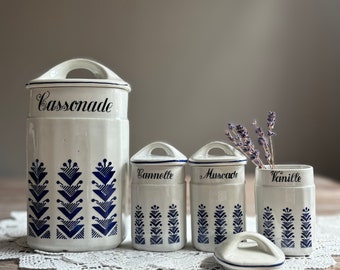 French vintage porcelain kitchen storage containers, Whiteware Art Deco porcelain canisters, Blue white kitchen storage jar with lid