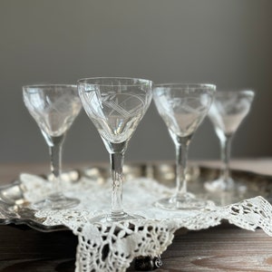 4 Vintage wine aperitif cut glasses, Clear glass long stem, Wine liqueur glasses, Mid century barware glassware, boho shabby chic