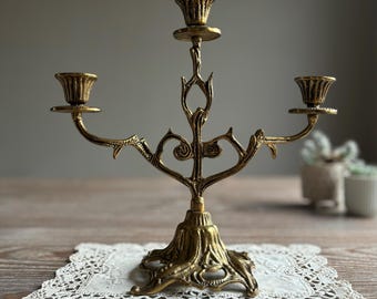 Vintage brass candle holder for 3 candles, floral vintage home decor, housewarming gift, family gift
