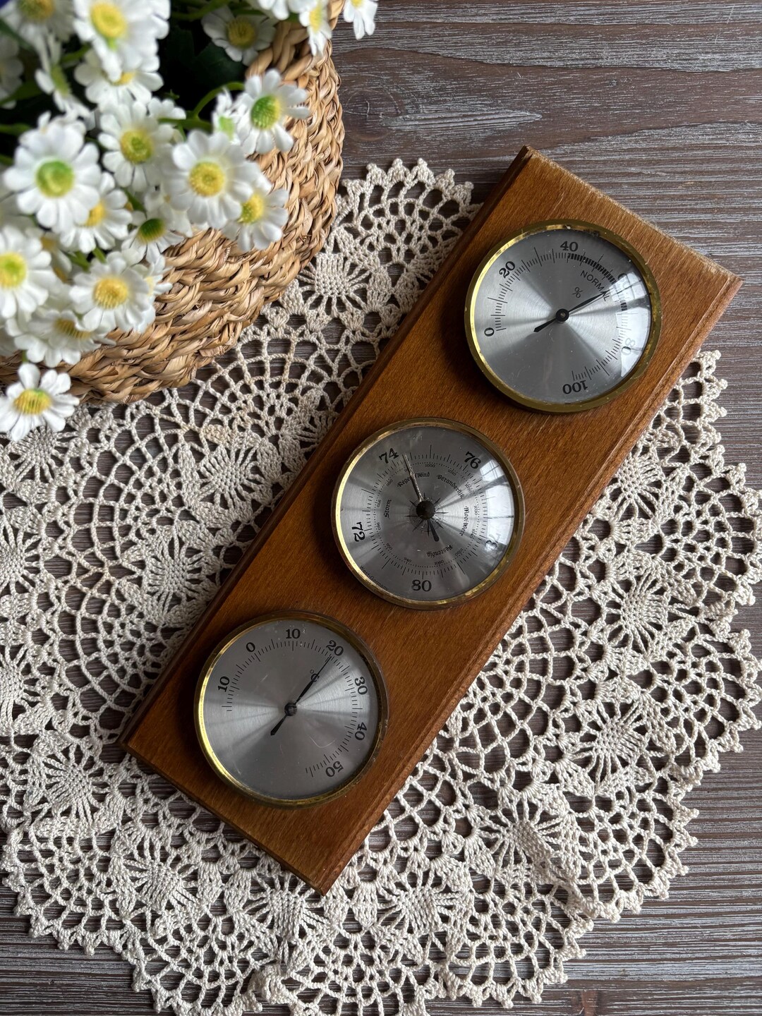 Vintage Wooden Barometer Thermometer, Mid Century Vintage Home Decor ...