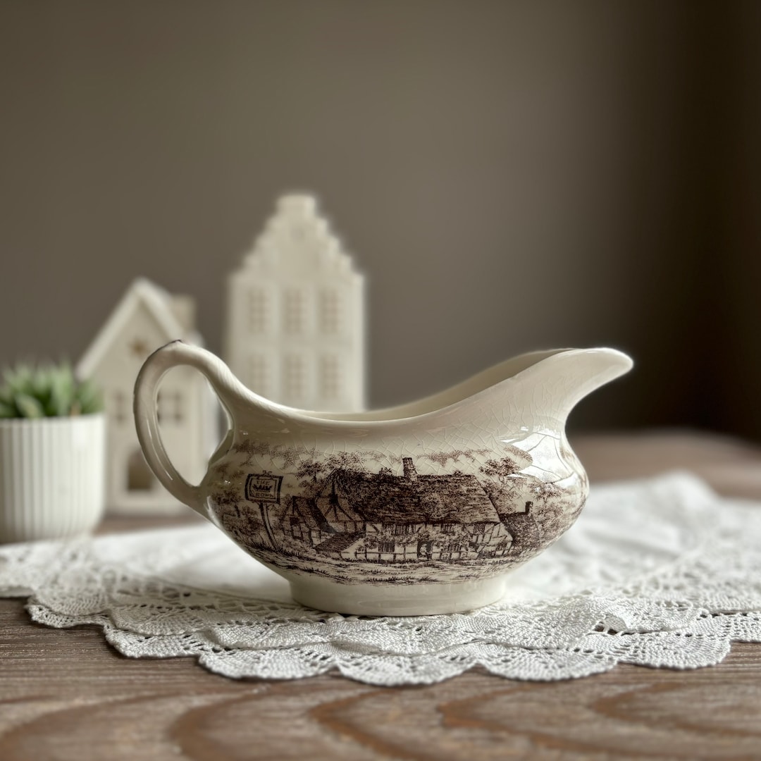 Vintage Ironstone Transferware Gravy Boat, Gravy Jug, Old Inns