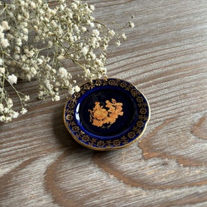 Miniature Castel Limoges plate, Cobalt blue 22K gold porcelain, Ring dish jewelry plate, French vintage