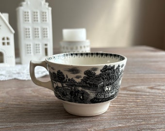 Belgian vintage transferware cup, BOCH La Louviere, Landscape black transferware, Country farmhouse retro, Mid century