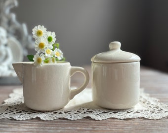 Vintage glazed ceramic jug, sugar pot and creamer, Small pitcher, whiteware, beige tableware, country farmhouse, boho chic