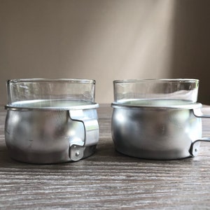 Vintage glassess in metal holder, Set of 2, Alluminium cup holders, Tea maker, metalware, Country Farmhouse home decor image 8