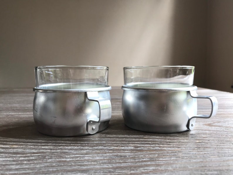 Vintage glassess in metal holder, Set of 2, Alluminium cup holders, Tea maker, metalware, Country Farmhouse home decor image 8