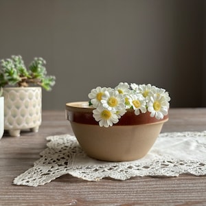 May include: A brown and beige ceramic bowl with a brown rim, filled with white daisies. The bowl is sitting on a white crocheted doily on a wooden surface.