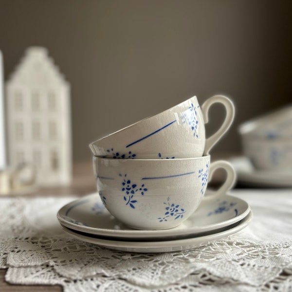 2 French vintage tea cup with saucer, Transferware, Moulin des Loups Hamage, Mid century tableware, Country farmhouse, BLue white flowers