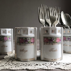 Vintage small porcelain kitchen storage containers, Set of 4, Whiteware Art Deco porcelain canisters, kitchen storage jar, country farmhouse