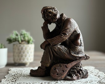 Vintage figurine, Dark brown statuette, Man figurine, country farmhouse home decor,