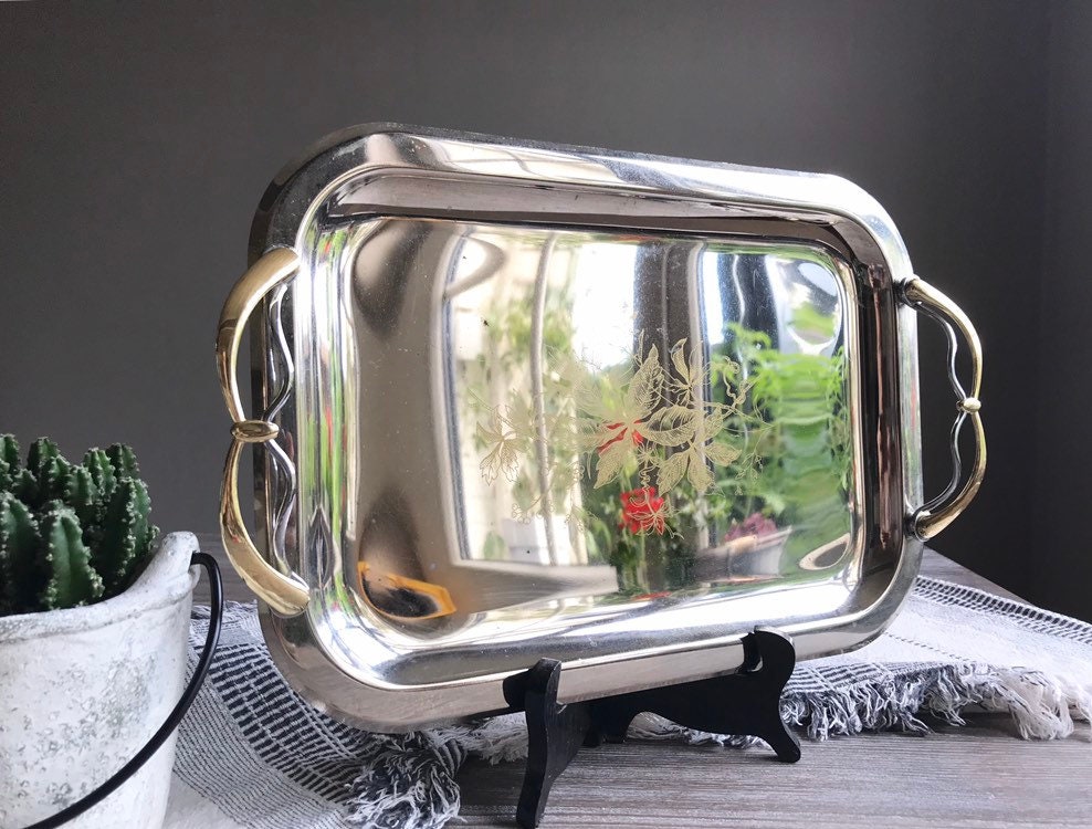 Plateau De Service Vintage Inox 2 Compartiments Anses Décoratives