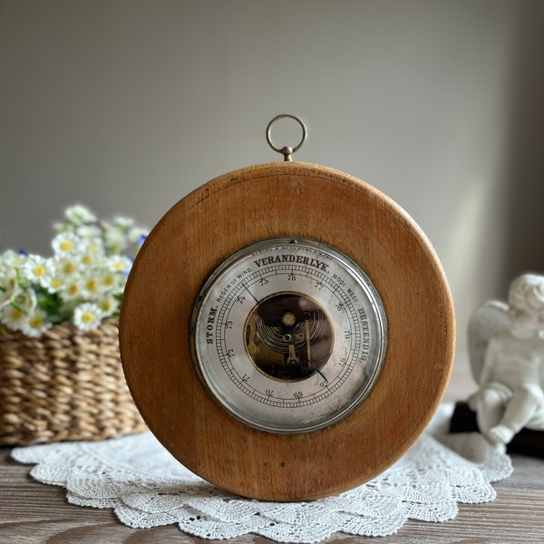 Vintage wooden barometer, Solid wood frame, Mid century hanging home decor, wooden wall decor