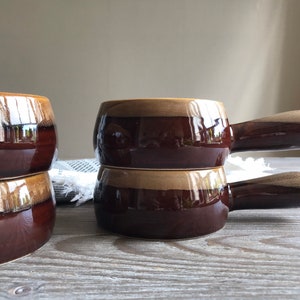Vintage glazed terracota pot with handle, Onion soup clay pot, Set of 4, glazed clay earthenware, sauce cooking pot, Mid century cookware image 6