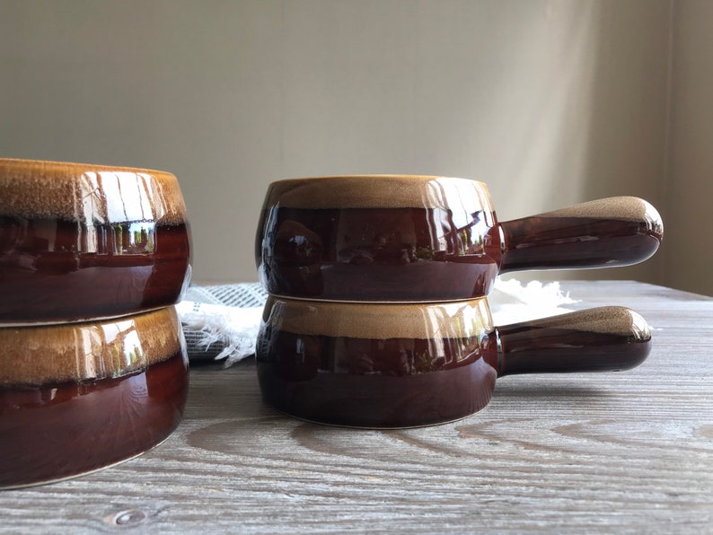 Vintage glazed terracota pot with handle, Onion soup clay pot, Set of 4, glazed clay earthenware, sauce cooking pot, Mid century cookware image 6