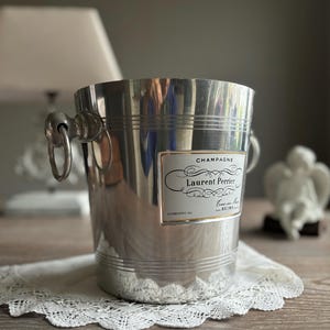 French vintage metal ice bucket Laurent Perrier, Bottle champagne wine ice bucket, metal bucket with ring handles, vintage barware metalware