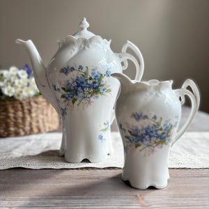 Vintage ceramic tea coffee pot and creamer, Art Deco ceramic, Whiteware Forget me not, Shabby chic, retro mid century tableware