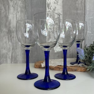 4 Vintage wine cocktail glasses, Cobalt blue long stem, Mid century vintage barware glassware kitchenware, old retro glass