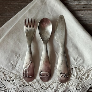 Vintage Silverplated Christofle cutlery, French children dinner fork spoon knife, Animals design, collectable servers, Alicia engraved