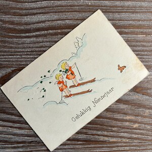 Ancienne carte néerlandaise de nouvel an de 1936, timbre postal néerlandais de Noël usagé, Gelukkig Niewjaar, ancienne carte de voeux vintage des Pays-Bas, papier éphémère