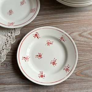 French vintage side bread plate, MDL Orcerame Art Deco , Red transferware flowers, beg century tableware, Retro Country Farmhouse
