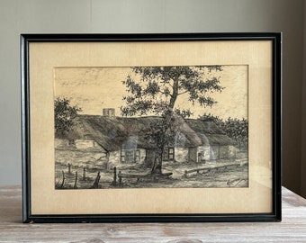 Vintage original pencil drawing, Vintage framed picture, Mid century, Landscape nature, Vintage aged paper, home decor, country Farmhouse