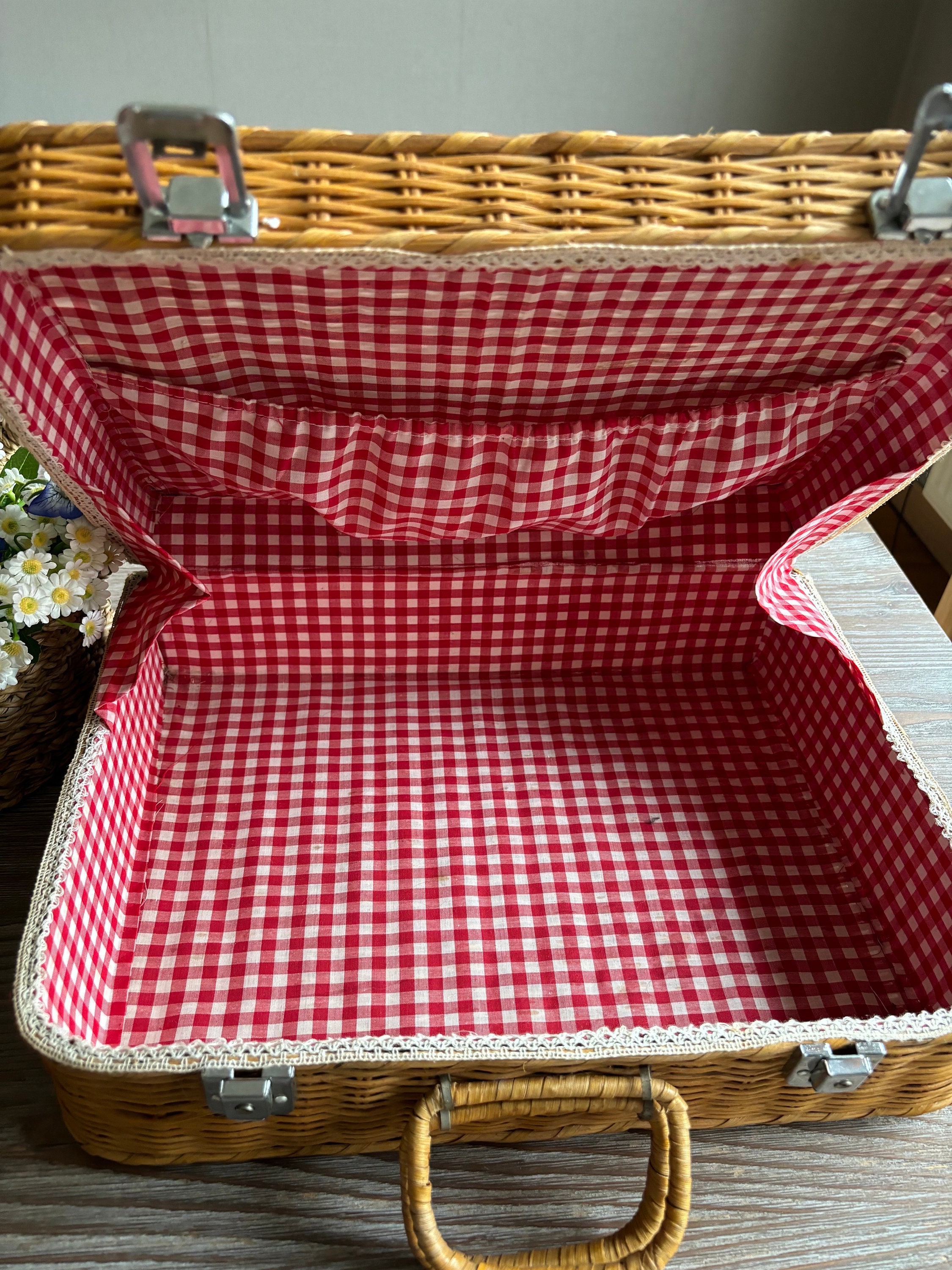 Panier Pique-nique Vintage En Osier - Valise Camping - Années 70/80 - Occasion