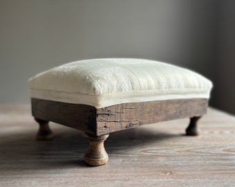 Vintage footstool, Wooden footrest with fabric cover, Country Farmhouse home decor, Mid century furniture,