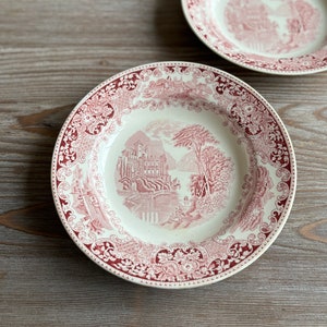 Könnte beinhalten: Zwei vintage weiße Suppenschalen aus Keramik mit einem roten und weißen Blumenmuster. Die Schalen zeigen eine detaillierte Illustration eines Schlosses und eines Sees.
