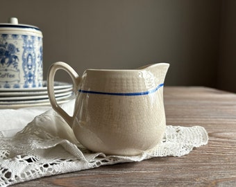 Vintage ceramic creamer, White creamer with blue stripe, Whiteware kitchen, Country farmhouse, boho chic kitchenware, antique pot