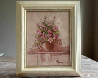 Vintage framed original oil painting, White frame pink flowers, Signed painting, Mid century retro home decor, Wall hanging decor