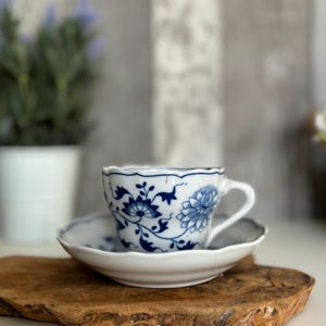 Vintage Blue Onion tea coffee cup with saucer, Bavaria German, Cobalt blue floral design, White whiteware transferware