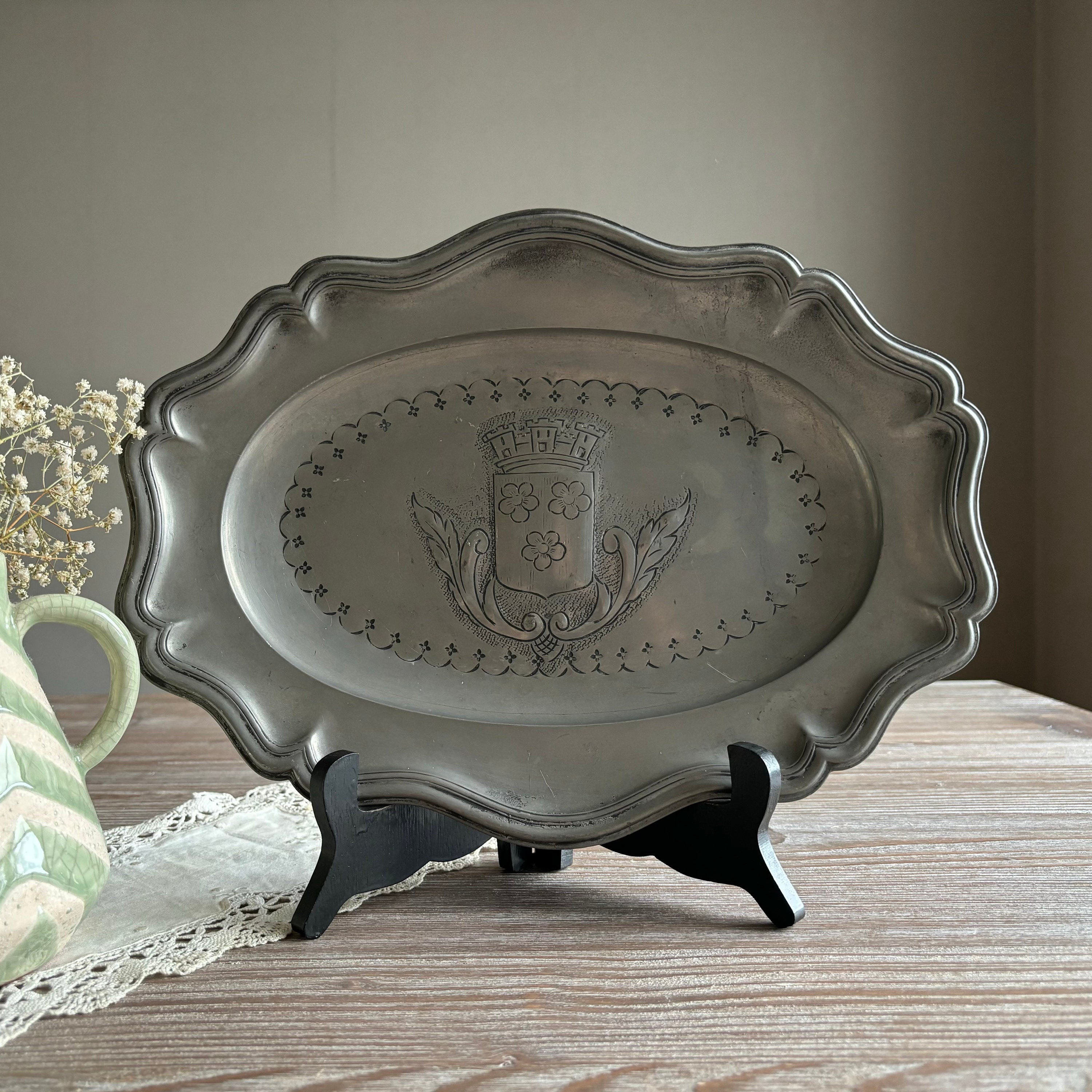 French Antique Pewter Plate, Varido Etanier, Wall Decor, Oval