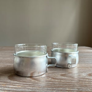 Vintage glassess in metal holder, Set of 2, Alluminium cup holders, Tea maker, metalware, Country Farmhouse home decor