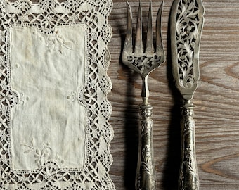 Antiguo Art Nouveau GRANDES servidores de cuchillos de tenedor para servir, Cubiertos de pescado, Juego de servicio para pescado, juego de mesa de pescado, Pinzas para servir, utensilios de cocina