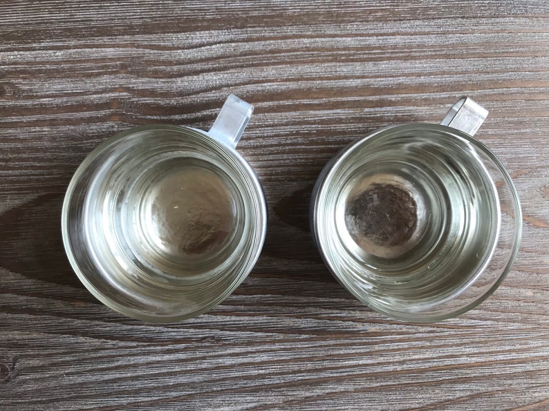 Vintage glassess in metal holder, Set of 2, Alluminium cup holders, Tea maker, metalware, Country Farmhouse home decor image 9
