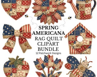 Paquete de imágenes prediseñadas de colcha de trapo patriótica de granja de primavera / Patchwork americano primitivo PNG / Diseño de sublimación / 12 PNG