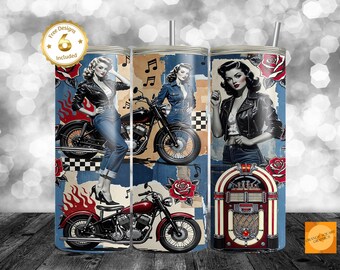 Envoltura para vaso de chica motociclista pin-up rockabilly • PNG de 20 oz • Diseño de taza de motocicleta retro • Sublimación vintage pin-up • Rockabilly Roses Jukebox
