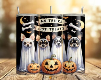 Cute! No Tricks Just Treats Halloween Chihuahua Dogs Tumbler Wrap - Spooky Pumpkin Tumbler Wrap - 20 oz Sublimation Tumbler Design PNG