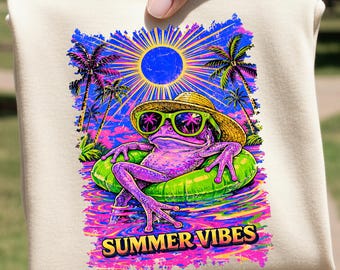 Immagine PNG di una rana con vibrazioni estive per sublimazione / Design retrò tropicale per t-shirt / Clipart DTF UVDTF