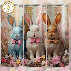 Adorable Coquette Easter Bunny Tumbler Wrap - 20oz Skinny Tumbler PNG - Grandmillennial Easter Sublimation Design - Vintage Retro
