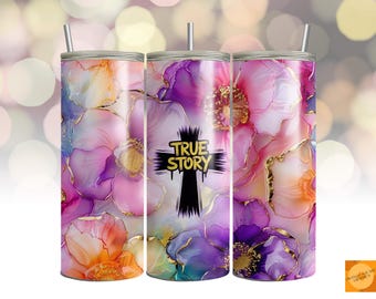 Vaso con cruz de historia real PNG / Envoltura de sublimación cristiana de 20 oz / Diseño de vaso delgado con tinta de alcohol, diseño floral, religioso y de fe