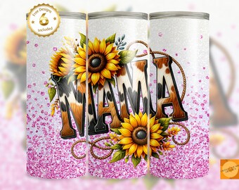 Envoltura para vaso de 20 oz con estampado de vaca y girasol, PNG / Sublimación con purpurina occidental / Diseño floral delgado para vaso