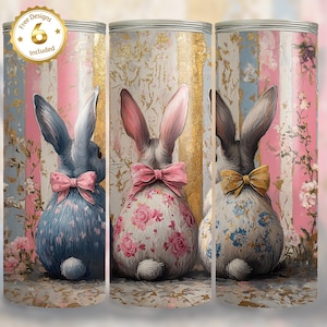 Adorable Coquette Easter Bunny Tumbler Wrap - 20oz Skinny Tumbler PNG - Grandmillennial Easter Sublimation Design - Vintage Retro