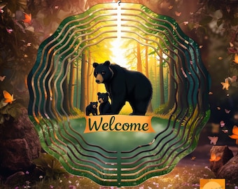 Molinillo de viento de bienvenida de la familia de osos, sublimación PNG / Diseño de molinete con escena forestal / Decoración de exteriores PNG, / Sublimación de vida silvestre / Molinillo de jardín