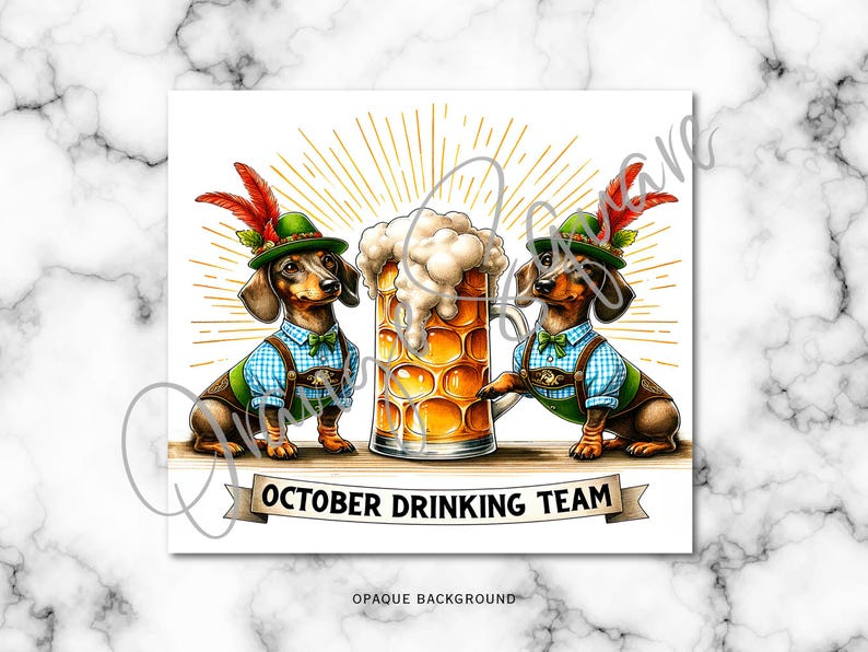 May include: A watercolour illustration depicts two dachshunds in Bavarian outfits, complete with green hats and lederhosen, either side of a large beer stein. The banner below reads "OCTOBER DRINKING TEAM".