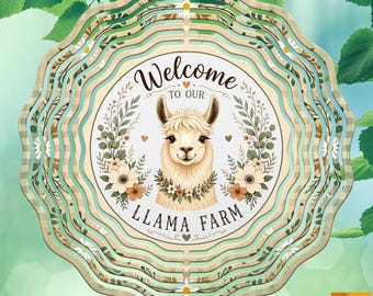 Benvenuti nella nostra fattoria di lama PNG / Design per sublimazione di una girandola / Decorazioni da giardino in stile rustico / Girandola floreale rustica