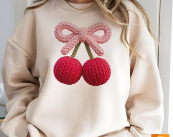 Lazo de cereza de punto falso PNG / Clipart de cereza linda / Diseño de lazo de hilo coqueto / Sublimación de camisetas DTF UVDTF